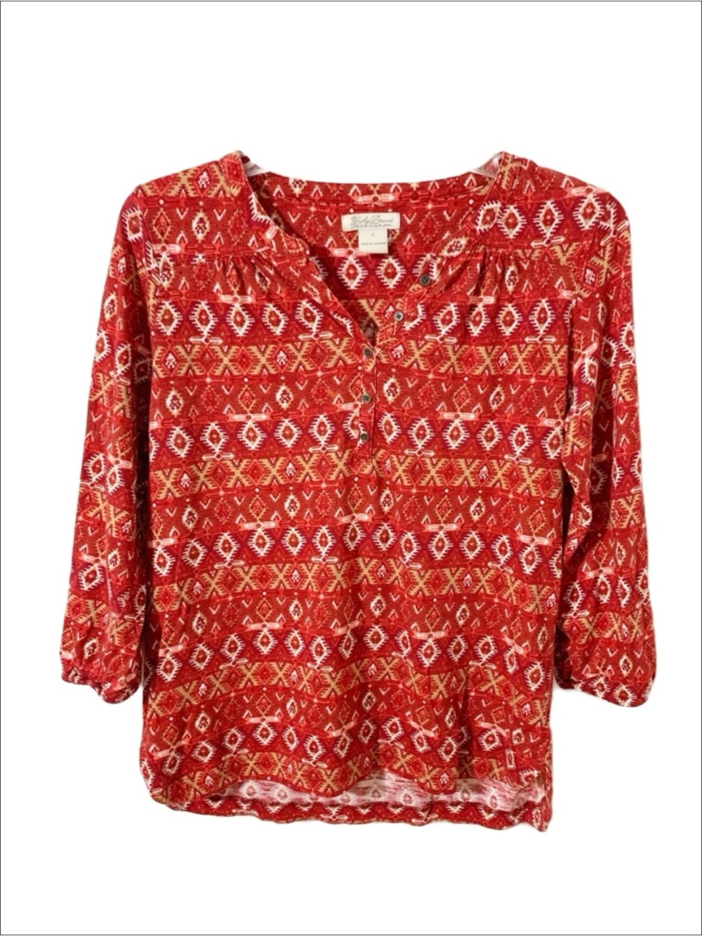 Lucky Brand Three Quarter Sleeve V-neck Boho Pattern Blouse Partial Button Front